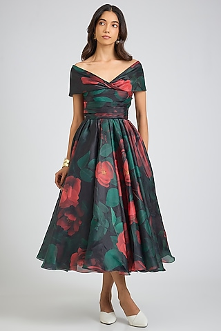 pink sleeveless floral chiffon micro ruffle midi dress Chi Chi London Women's Print in 6 Style:Q1415-1 deep blue（purplish） Do Not Bleach TFNC Bridesmaid bow back