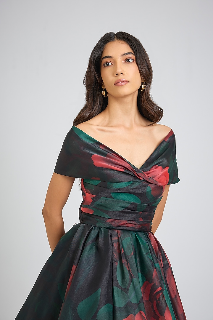 Black Organza Floral Printed Off-Shoulder Midi Party Wear Dress by Gauri And Nainika at Pernia's Pop Up Shop