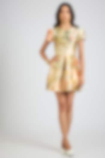Beige Mikado Floral Printed Mini Party Wear Dress by Gauri And Nainika at Pernia's Pop Up Shop