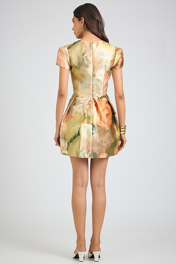 Beige Mikado Floral Printed Mini Party Wear Dress by Gauri And Nainika at Pernia's Pop Up Shop