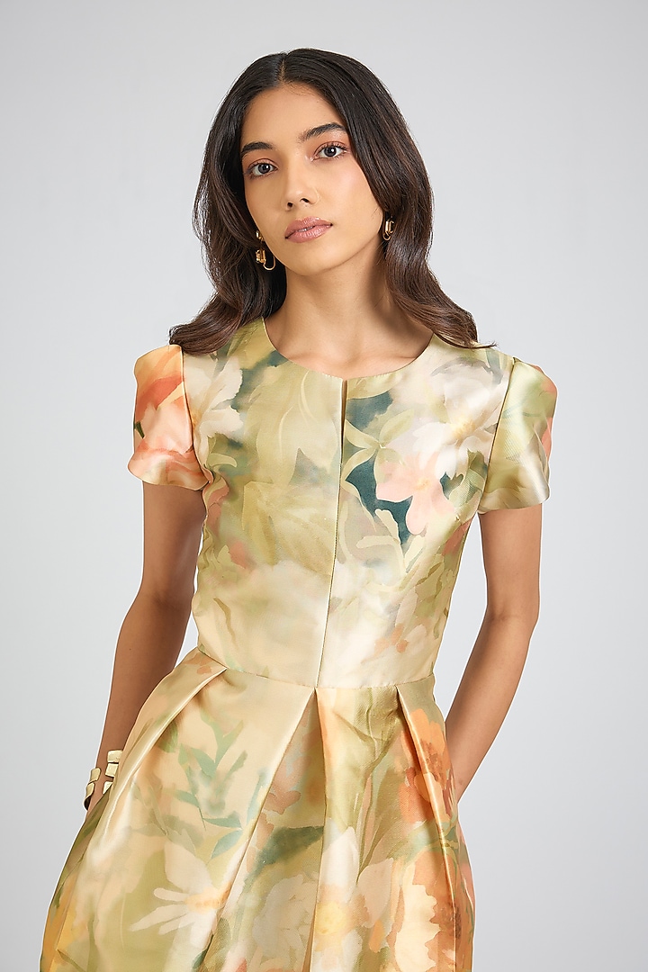 Beige Mikado Floral Printed Mini Party Wear Dress by Gauri And Nainika at Pernia's Pop Up Shop