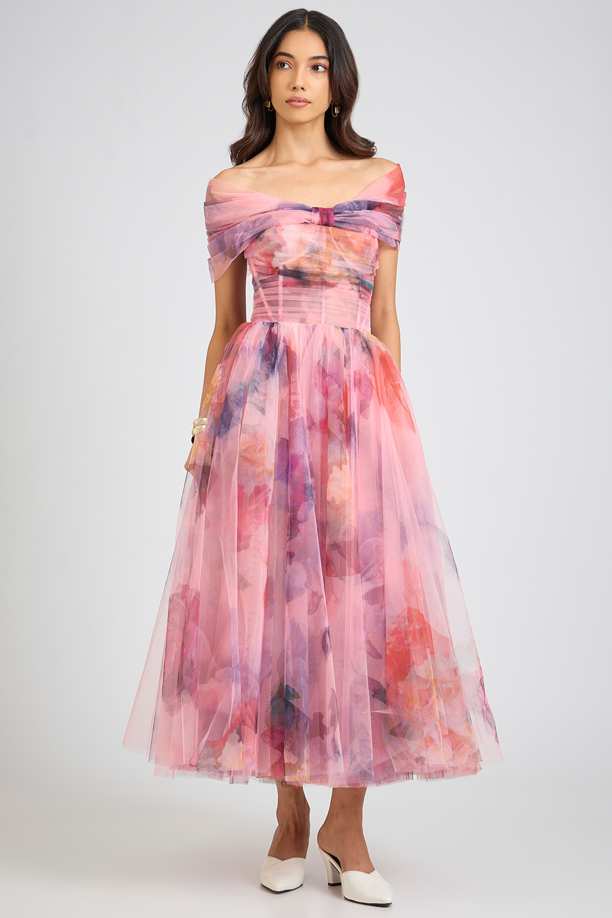 Gauri And Nainika Pink Tulle Floral Printed Off-Shoulder Midi Dress