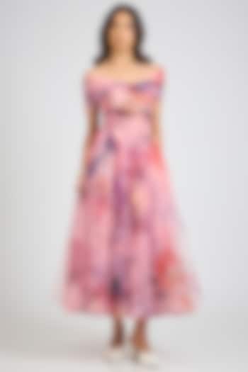 Pink Tulle Floral Printed Off-Shoulder Midi Party Wear Dress by Gauri And Nainika at Pernia's Pop Up Shop