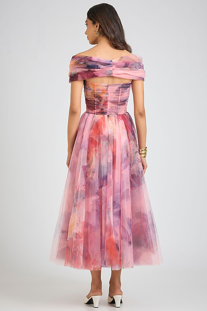 Pink Tulle Floral Printed Off-Shoulder Midi Party Wear Dress by Gauri And Nainika at Pernia's Pop Up Shop