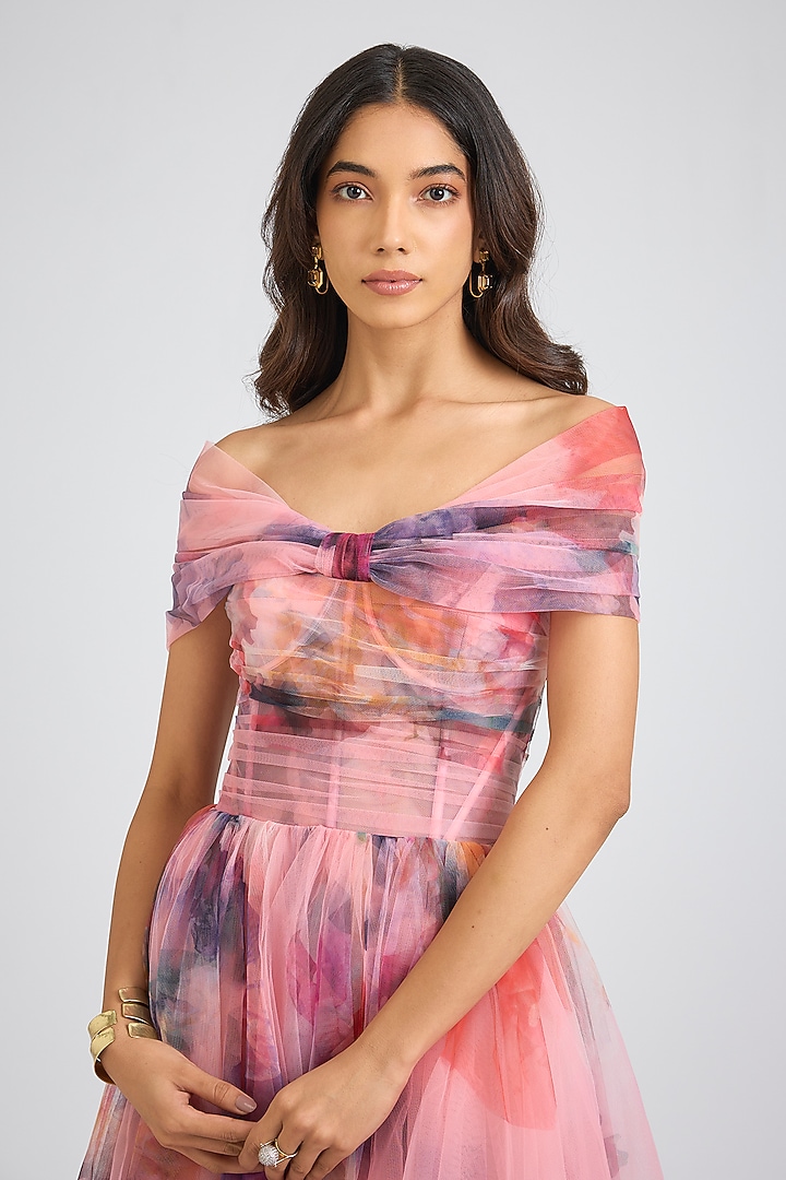 Pink Tulle Floral Printed Off-Shoulder Midi Party Wear Dress by Gauri And Nainika at Pernia's Pop Up Shop
