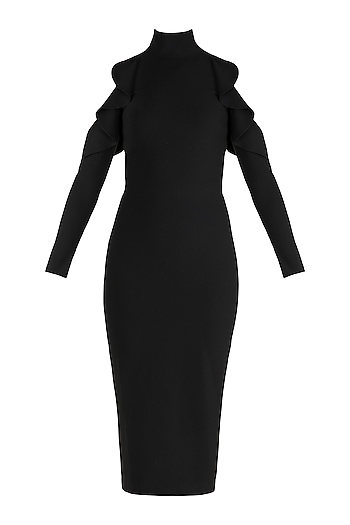 Black Cold Shoulder Pencil Dress With Frills Design by Gauri and ...