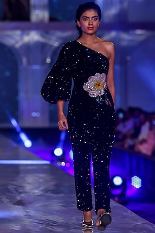 Black Embroidered Velvet Jumpsuit by Gauri and Nainika