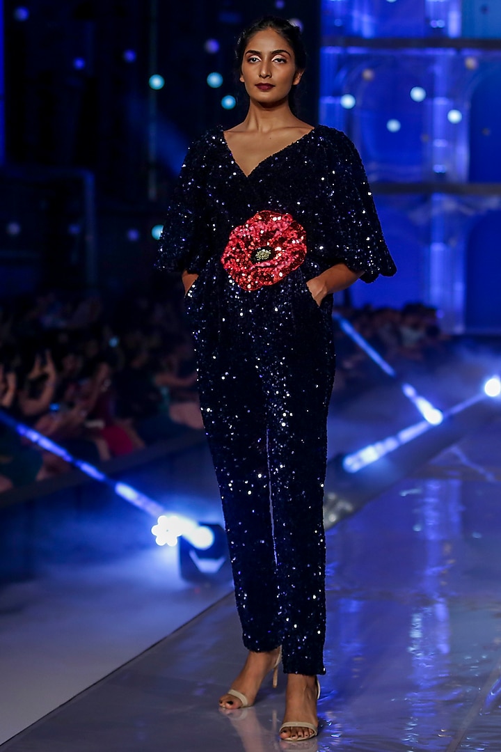 Navy Blue Embroidered Jumpsuit by Gauri and Nainika