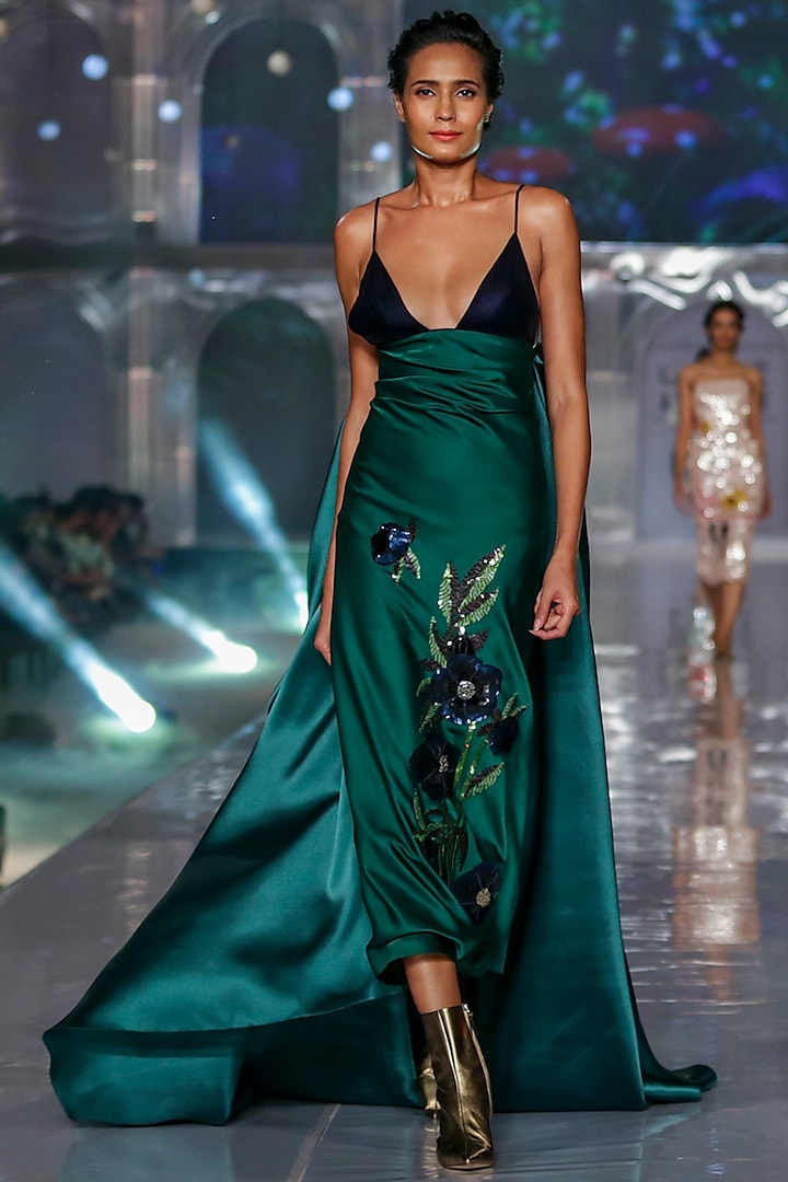 Emerald Green Embroidered Dress With Draped Bow by Gauri and Nainika