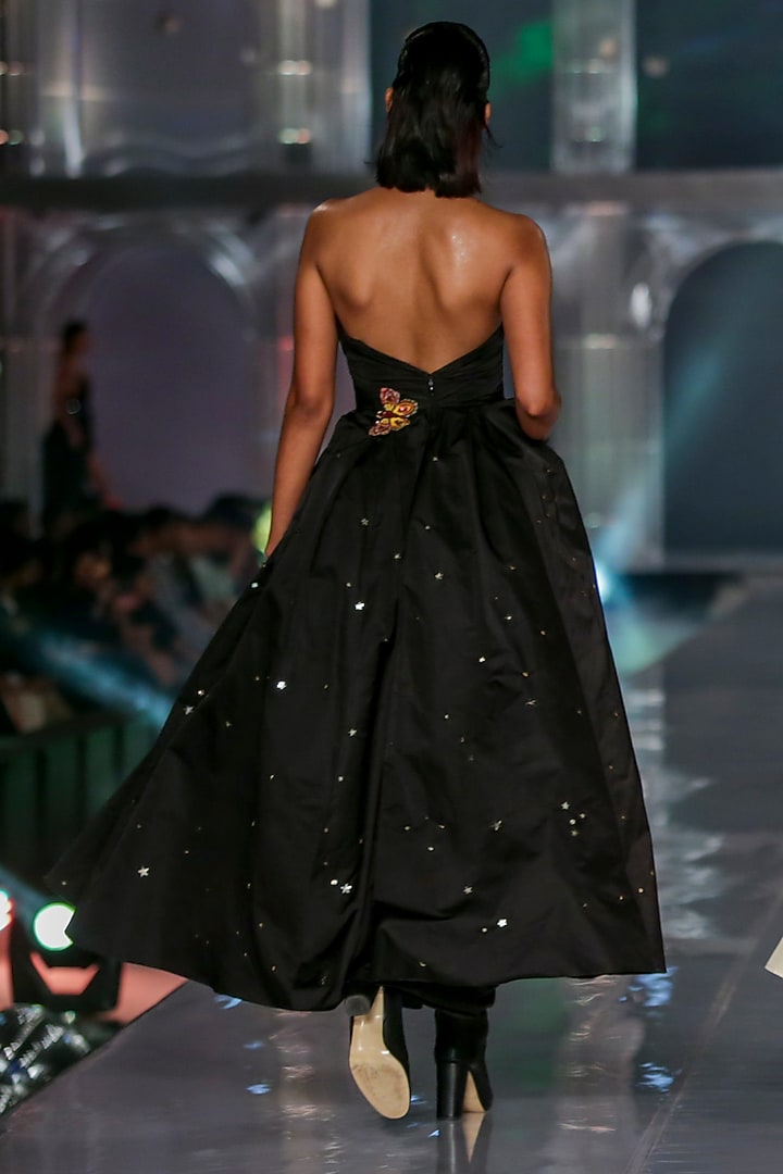 Black Satin Sequin Patch Embroidered Maxi Party Wear Dress by Gauri and Nainika at Pernia's Pop Up Shop