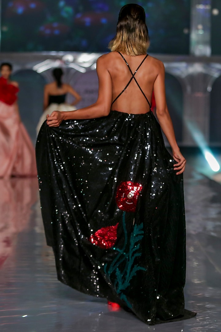 Black Embroidered Spaghetti Strap Romper by Gauri and Nainika at Pernia's Pop Up Shop