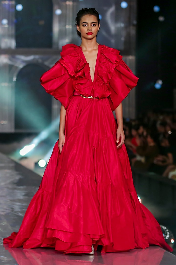 Red Peasant Gown With Frills by Gauri and Nainika