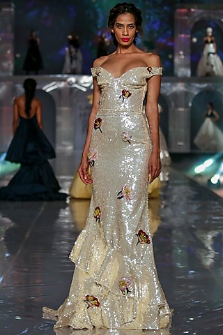 Pale Yellow Embroidered Mermaid Gown by Gauri and Nainika