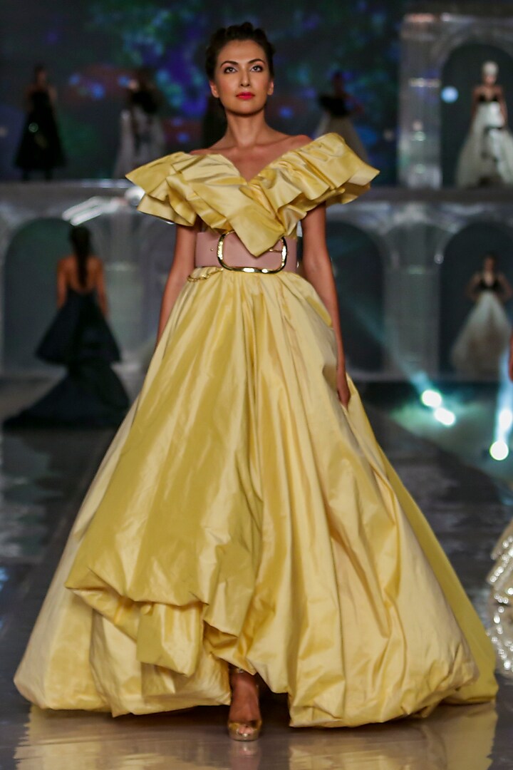 Pale Yellow Gown With Frills by Gauri and Nainika