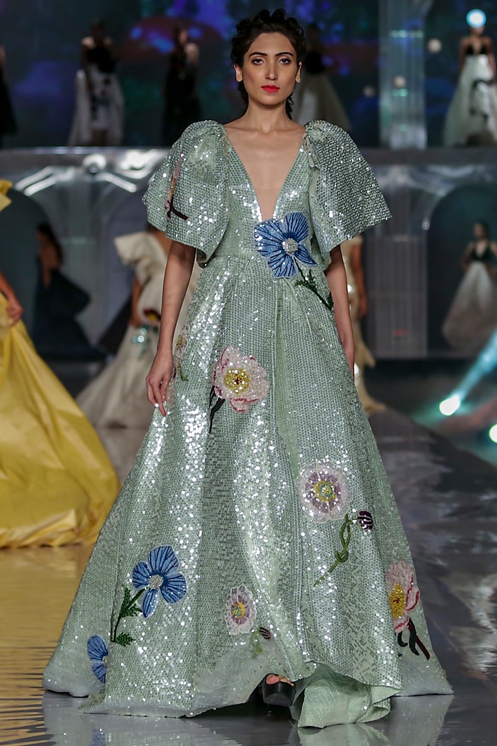 Mint Green Embroidered Flared Gown by Gauri and Nainika