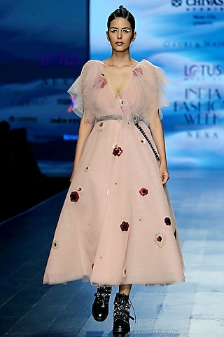 Peachy Pink Tulle Floral Midi Dress by Gauri and Nainika