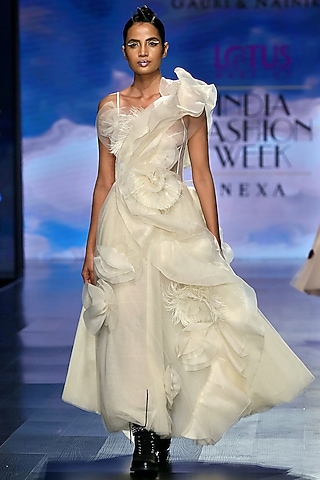 Ivory Tulle Ruffled Maxi Dress by Gauri and Nainika