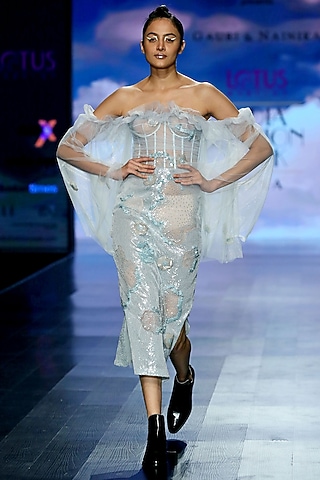 Sky Blue Tulle Pencil Dress by Gauri and Nainika