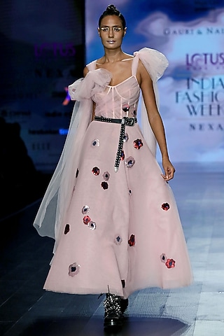 Light Pink Tulle Floral Maxi Dress by Gauri and Nainika