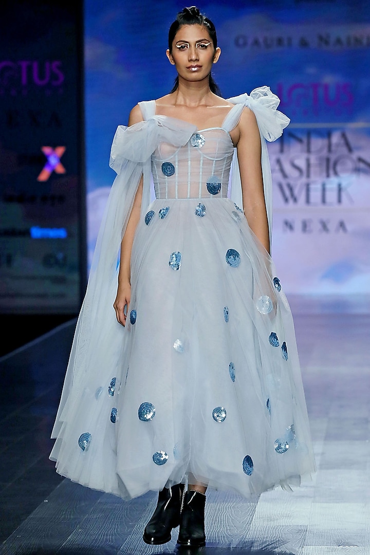 Sky Blue Corset Dress With Polka Dots by Gauri and Nainika