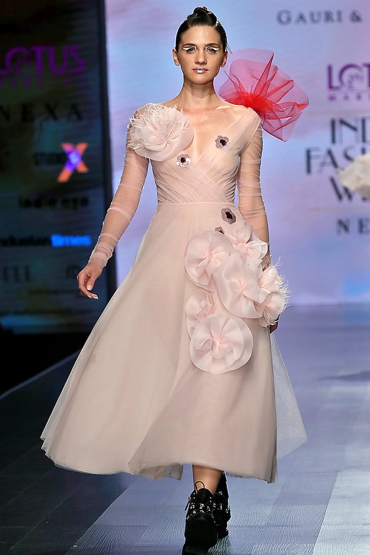 Light Pink Dress With Ruched Sleeves by Gauri and Nainika
