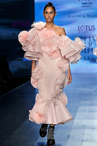 Peachy Pink Organza Floral One-Shoulder Pencil Dress by Gauri and Nainika