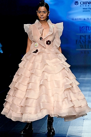 Nude Organza Layered Ruffled Maxi Dress by Gauri and Nainika