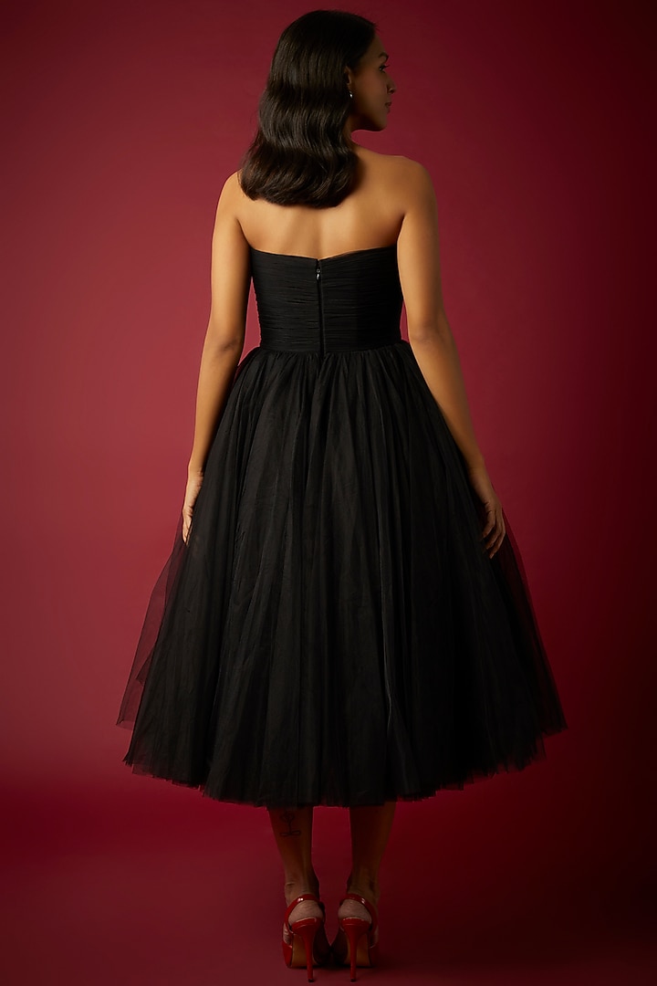 Black Net Strapless Midi Party Wear Dress by Gauri And Nainika at Pernia's Pop Up Shop