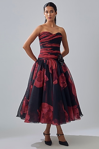 Red & Black Polyester Maxi Dress by Gauri and Nainika