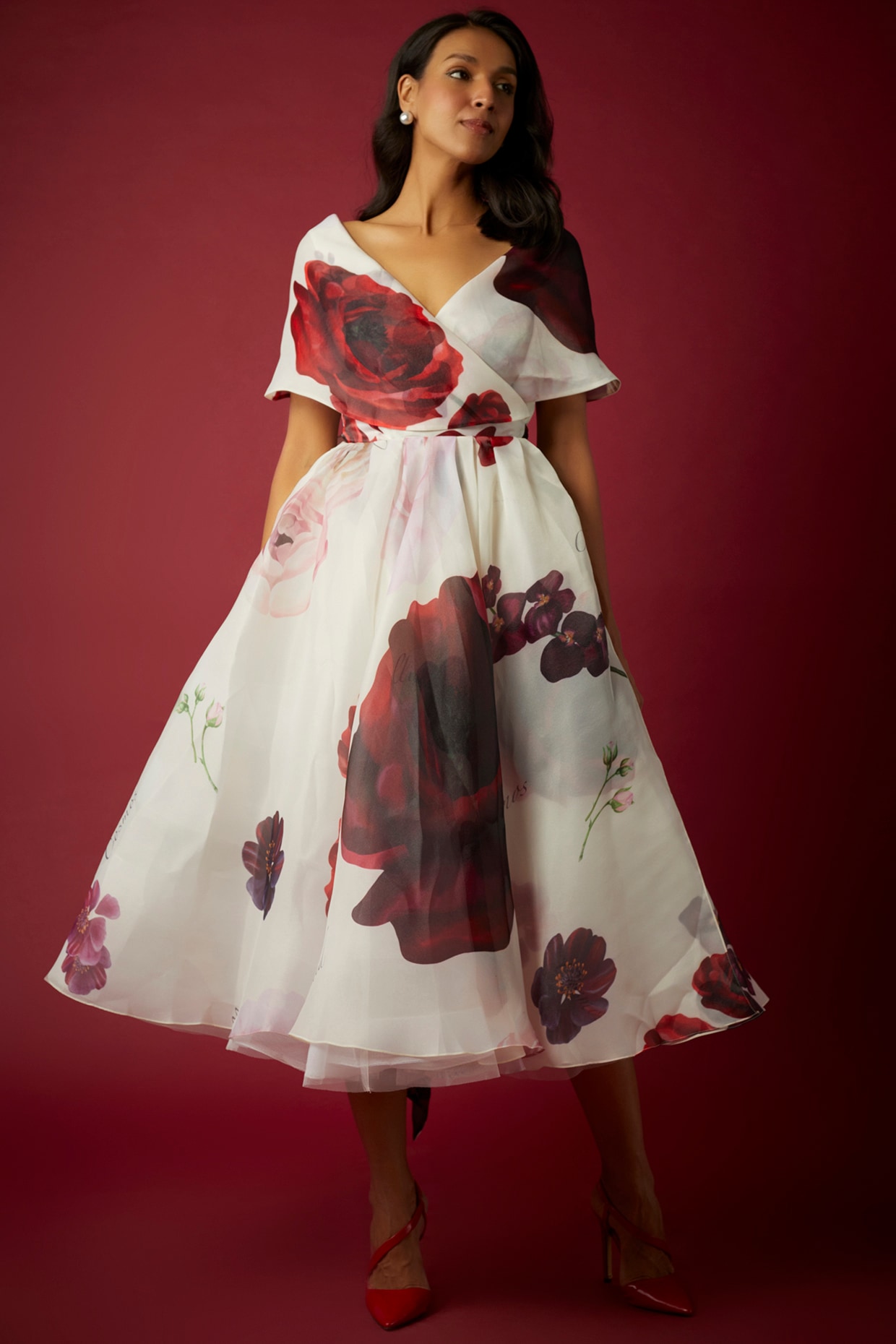Wine Floral Embroidered Organza Dress Material