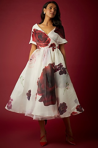 White Organza Wrap Midi Dress by Gauri And Nainika