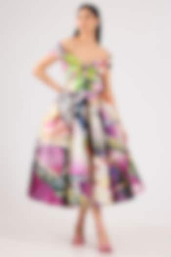 Purple Mikado Printed Draped Midi Party Wear Dress by Gauri And Nainika at Pernia's Pop Up Shop