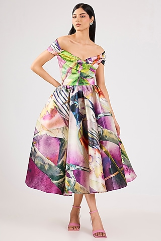 Purple Mikado Printed Draped Midi Dress by Gauri And Nainika