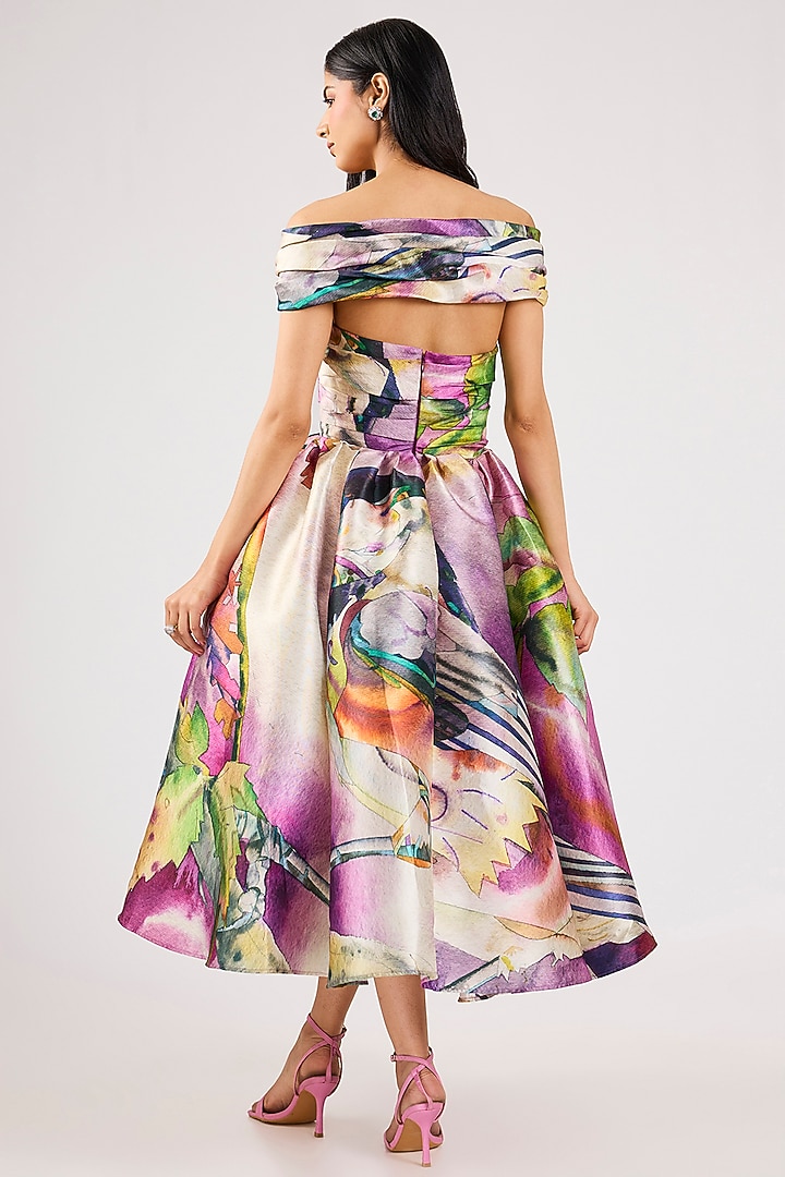 Purple Mikado Printed Draped Midi Party Wear Dress by Gauri And Nainika at Pernia's Pop Up Shop