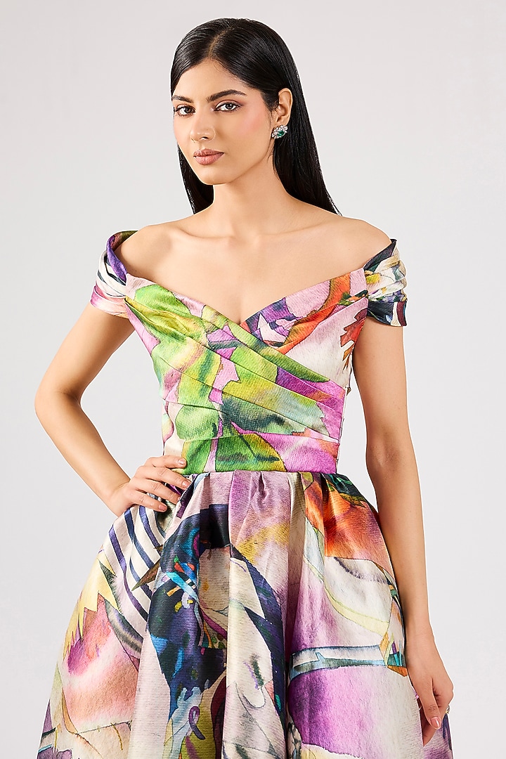 Purple Mikado Printed Draped Midi Party Wear Dress by Gauri And Nainika at Pernia's Pop Up Shop