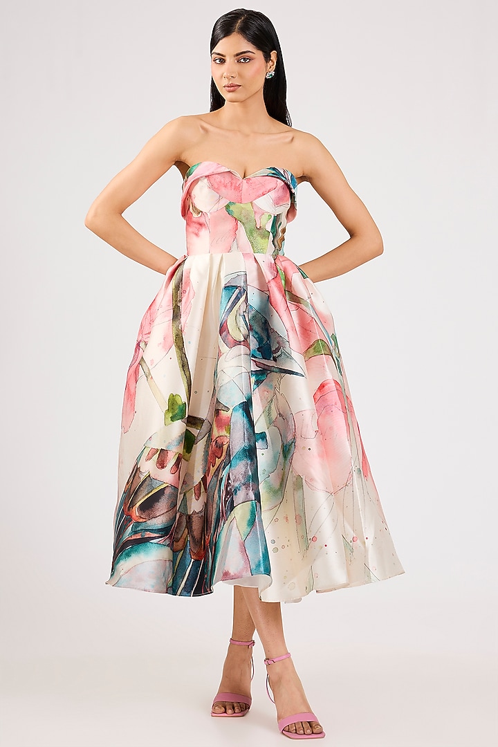 Pink Mikado Printed Midi Party Wear Dress by Gauri And Nainika at Pernia's Pop Up Shop