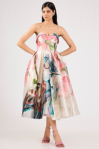 Pink Mikado Printed Midi Dress by Gauri And Nainika