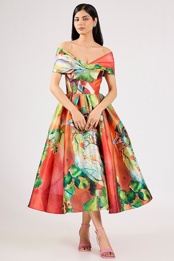 Multi-Colored Mikado Printed Midi Party Wear Dress by Gauri And Nainika at Pernia's Pop Up Shop