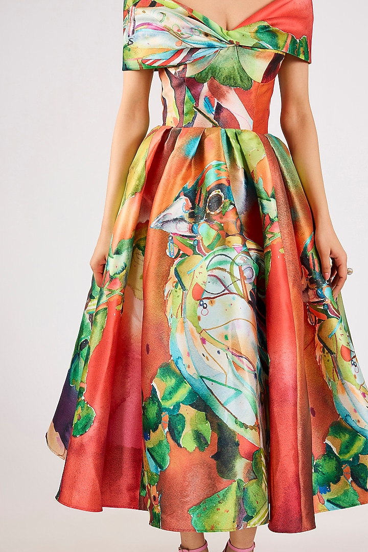 Multi-Colored Mikado Printed Midi Party Wear Dress by Gauri And Nainika at Pernia's Pop Up Shop