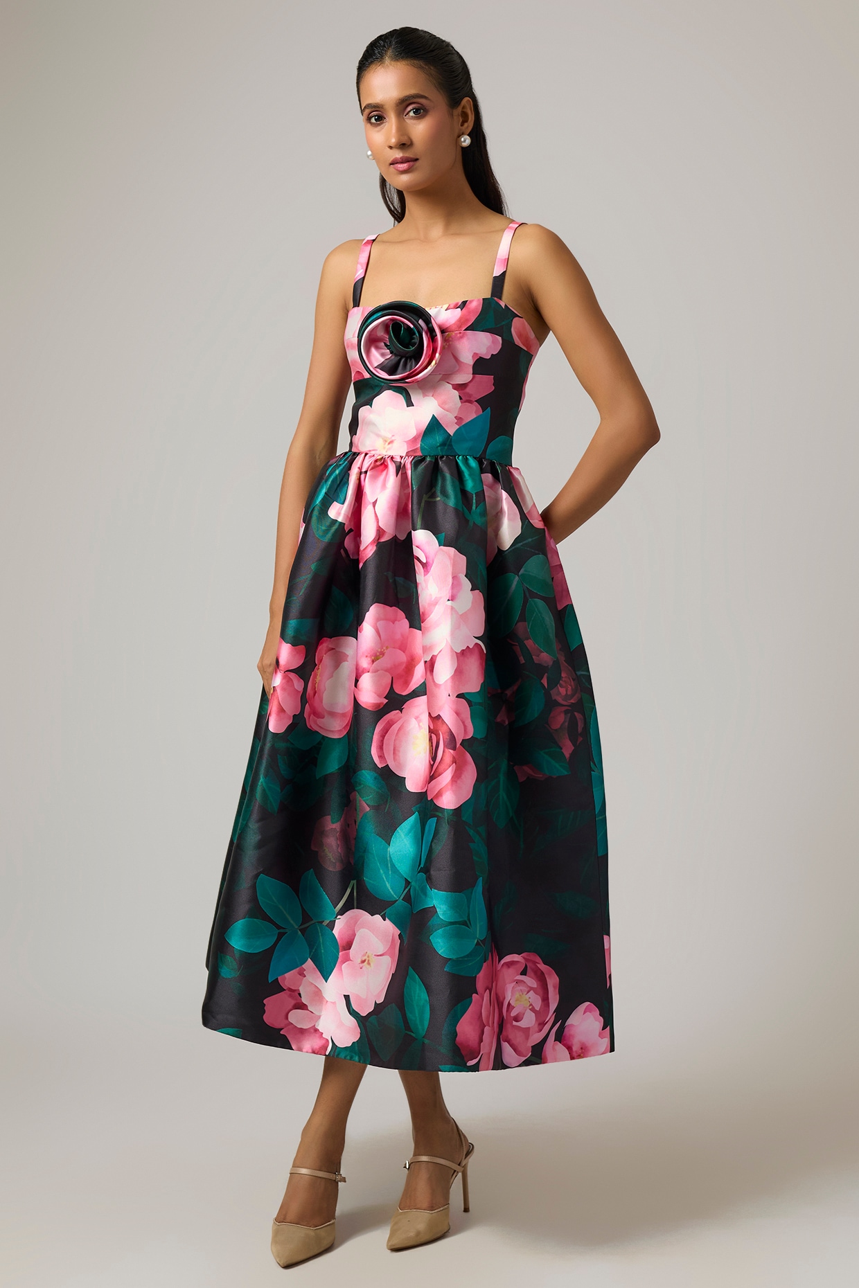Gauri And Nainika Multi-Colored Mikado Floral Printed Midi Dress
