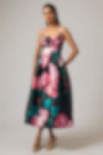 Multi-Colored Mikado Floral Printed Midi Party Wear Dress by Gauri And Nainika at Pernia's Pop Up Shop