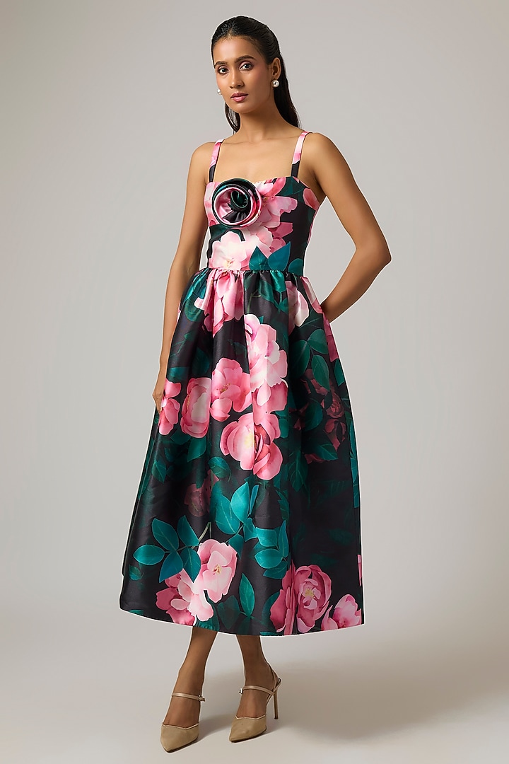Multi-Colored Mikado Floral Printed Midi Party Wear Dress by Gauri And Nainika at Pernia's Pop Up Shop