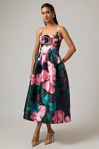 Multi-Colored Mikado Floral Printed Midi Dress by Gauri And Nainika