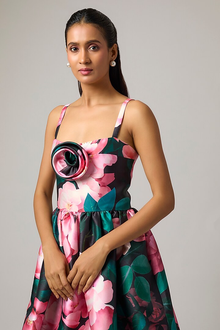 Multi-Colored Mikado Floral Printed Midi Party Wear Dress by Gauri And Nainika at Pernia's Pop Up Shop