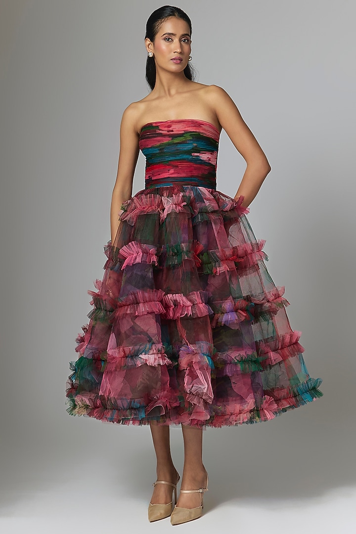 Pink Net Digital Printed Tube Party Wear Dress by Gauri and Nainika at Pernia's Pop Up Shop