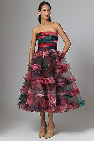 Pink Net Digital Printed Tube Dress by Gauri and Nainika