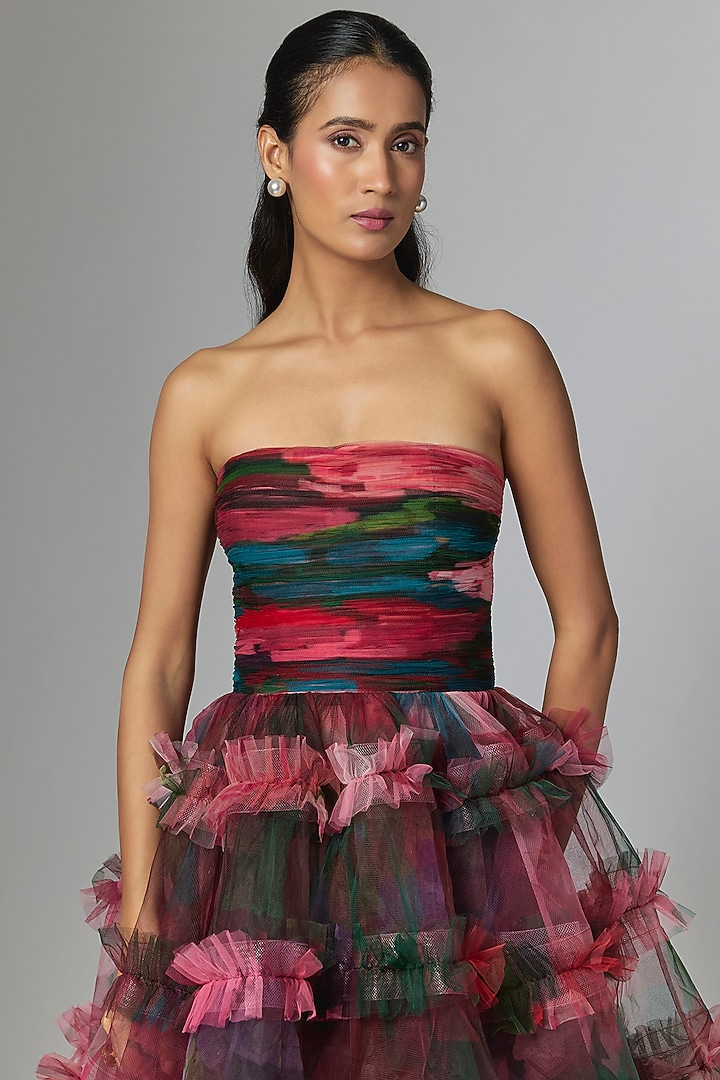 Pink Net Digital Printed Tube Party Wear Dress by Gauri and Nainika at Pernia's Pop Up Shop