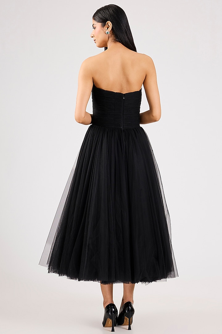 Black Tulle Embroidered Strapless Party Wear Dress by Gauri And Nainika at Pernia's Pop Up Shop