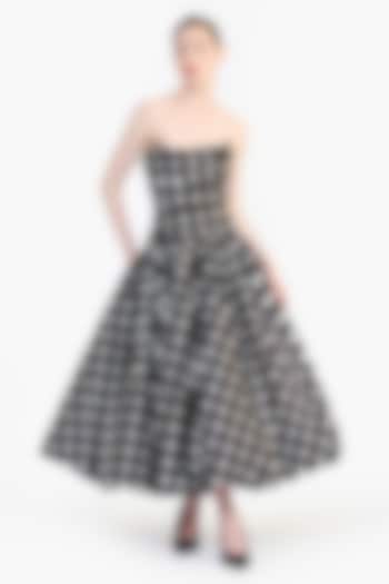 Black Mikado Polka Dot Printed Strapless Midi Party Wear Dress by Gauri And Nainika at Pernia's Pop Up Shop