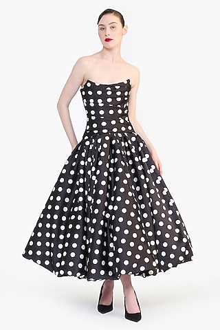 Black Mikado Polka Dot Printed Strapless Midi Dress by Gauri And Nainika